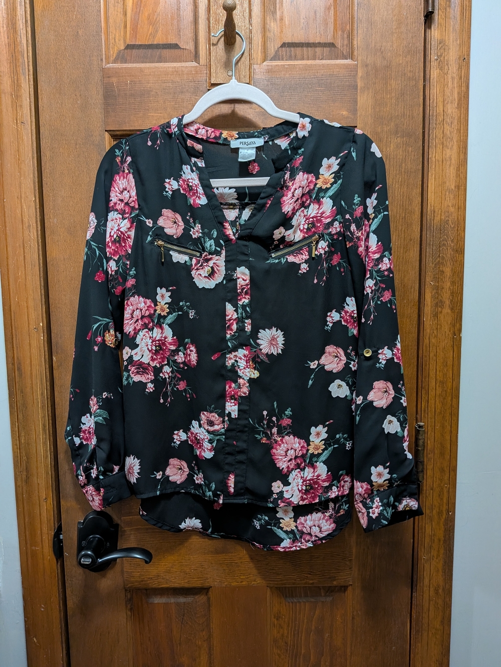 Persaya Black Floral Zip-Detail V-Neck Blouse